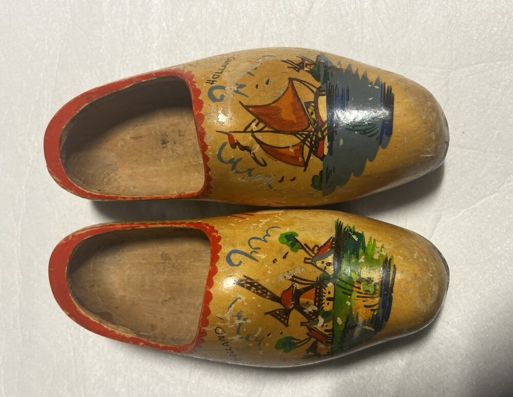Vintage Holland Dutch Wooden Clogs Hand Painted Windmill Sailboat Shoes Folk Art